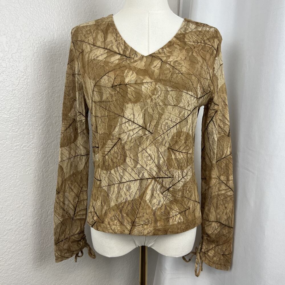 VTG Fairy Top Womens Small Tan Floral Mesh Sheer Sleeves Earthy‎ Boho Y2K Nature